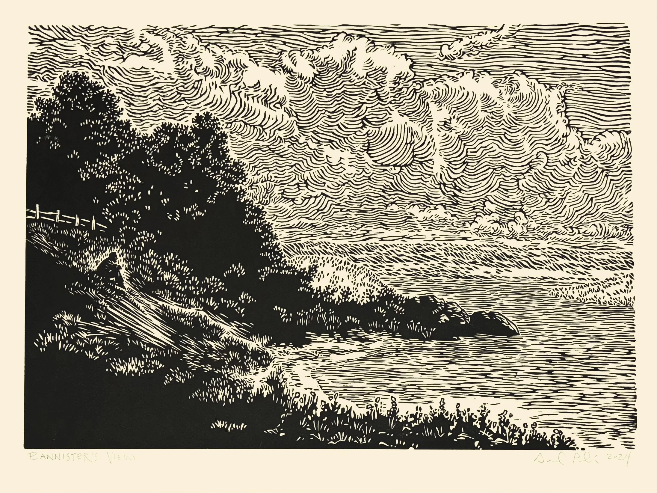A linocut black and white print of a man looking out at the sea